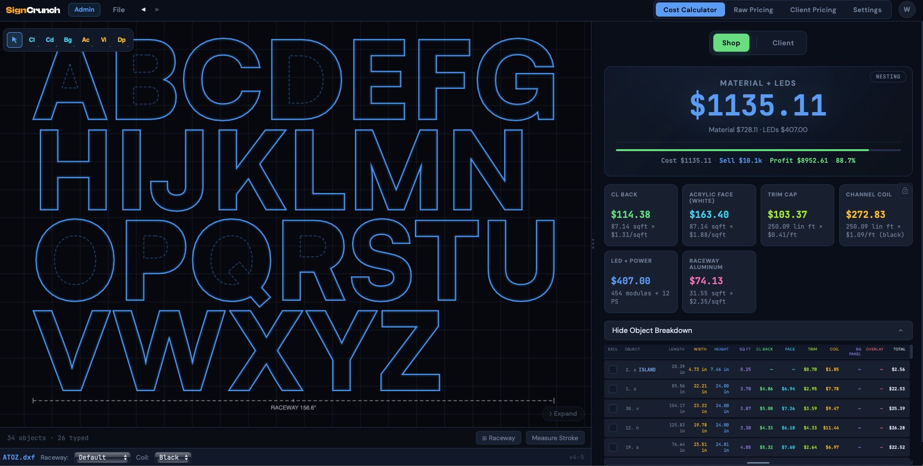 SignCrunch calculator showing every letter A through Z at 24 inches with full material cost breakdown totaling $1,135.11