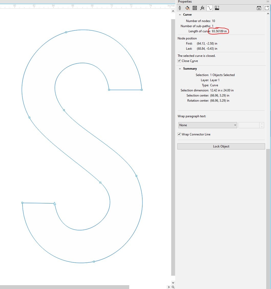 A 24-inch tall letter S in CorelDRAW showing a perimeter length of 93.56 inches
