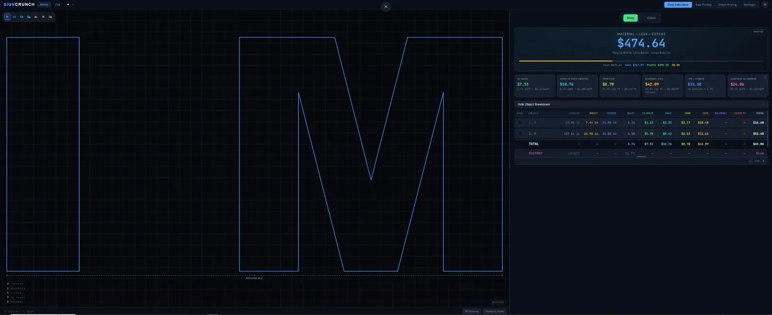 SignCrunch app showing material cost comparison between 24-inch block I and block M at 24 inches