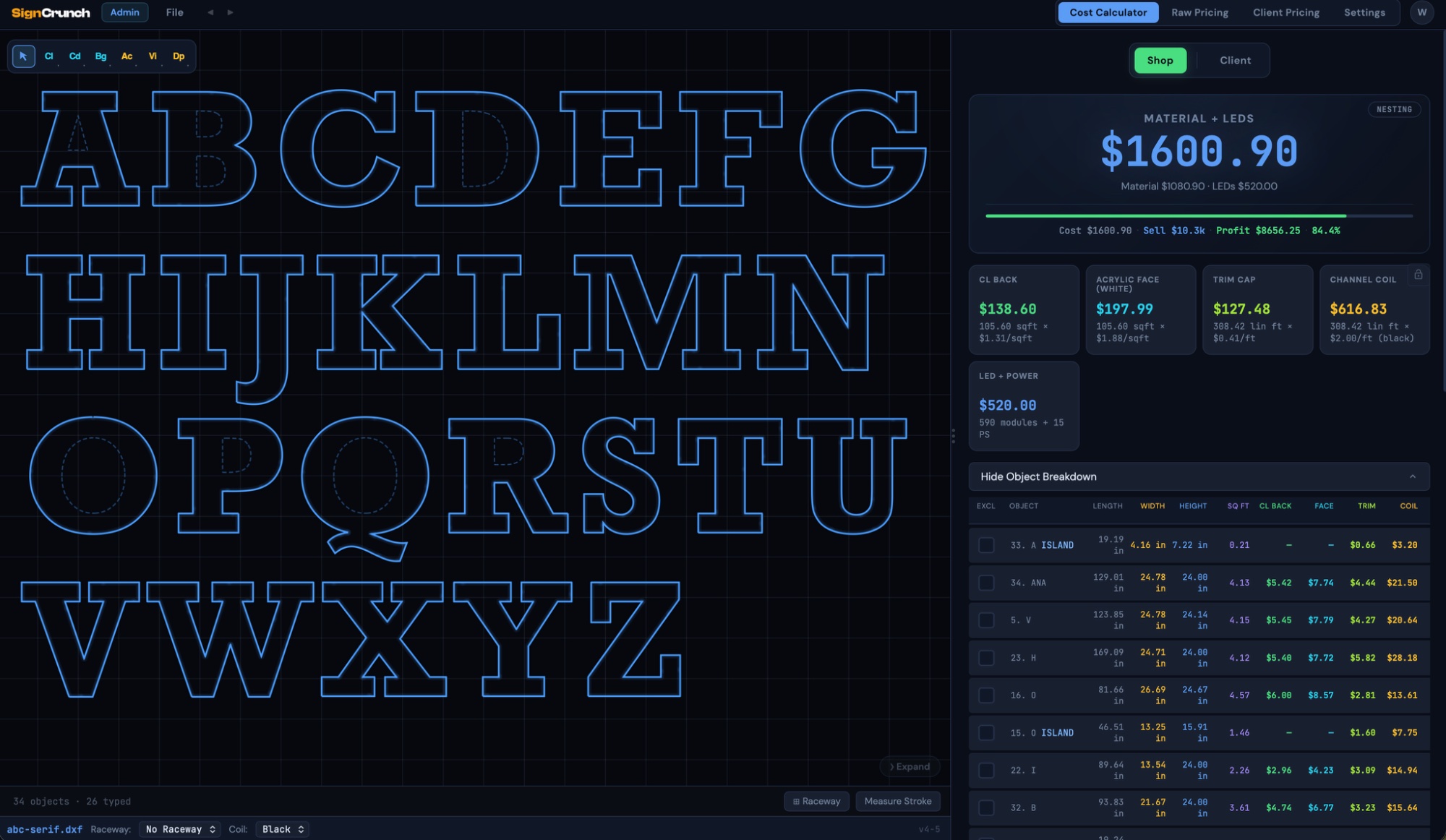SignCrunch calculator showing 26 Rockwell serif letters A through Z at 24 inches with material and LED cost totaling $1,600.90